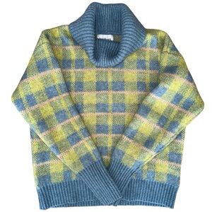 HEARTLOOM Anthropologie Lg Plaid Turtleneck Sweater Blue Chartreuse Wool Blend